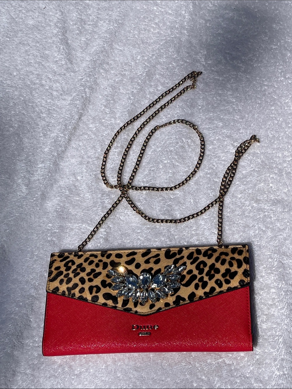 Dune London Red & Leopard Print Chain Shoulder Clutch with Jewel Detail